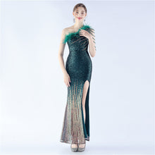 Load image into Gallery viewer, Gradient Sequin Craft Beaded Ostrich Feather Diagonal Collar One Shoulder Long Evening Dress