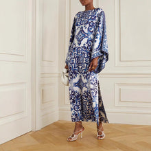 Load image into Gallery viewer, Women Blue White Porcelain Printed off Neck Loose Dress