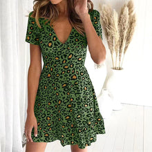 Load image into Gallery viewer, Summer Sexy V neck Mid Waist Short Dress Leopard Print Dress