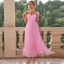 Load image into Gallery viewer, Fashionable Women Clothing Evening Dress Lace up Shoulder Pleated Hem Mesh Dress