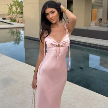 Load image into Gallery viewer, Summer Sexy V neck Lace Strap Satin Dress Sleeveless Self Tie Dress Women