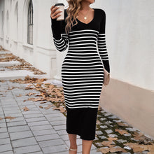 Load image into Gallery viewer, Autumn Winter Women Clothing Elegant Slim Fit V Collar Contrast Color Dress Sweater