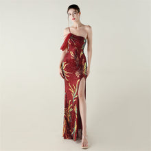 Load image into Gallery viewer, Sequin Mesh Craft Beaded Evening Dress off the Shoulder High Slit Fishtail Dress Swing Cocktail Social Socialite