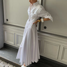 Load image into Gallery viewer, Design Pleated Single Breasted Shirt Dress Autumn Polo Collar Long Sleeve High Waist White Long Dress