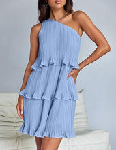 Load image into Gallery viewer, Spring Summer Women Clothing Oblique Shoulder Layered Stitching Hem Solid Color Dress Women
