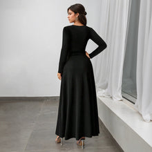 Load image into Gallery viewer, Retro Deep V Plunge neck Long Sleeve Split Black Large Swing Dress Women Slim Waist Elegant Formal Dress
