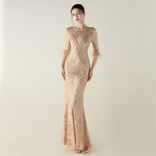 Load image into Gallery viewer, Positioning Floral Sequin Craft Order Ostrich Feather Decorative Evening Dress Long Sleeve Fishtail Cinched Peplum