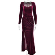Load image into Gallery viewer, Women Clothing Sexy Slit Square Collar Dress Fashionable Elegant Velvet Pleated Dress