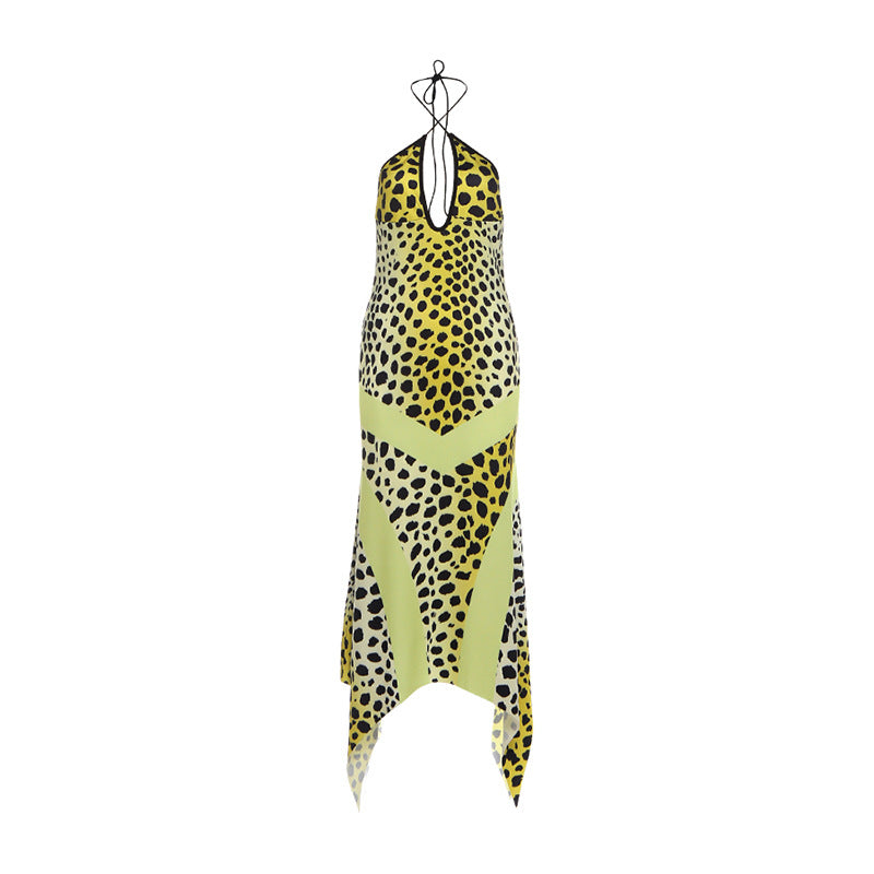 Autumn Winter Slim Fit Low Collar Backless Halter Strap Printing Maxi Dress Elegant Dress