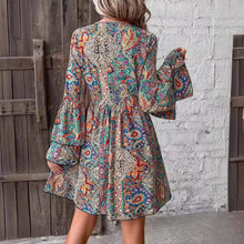Load image into Gallery viewer, Autumn Winter Elegant Women Floral Print V neck Flare Sleeve Dress