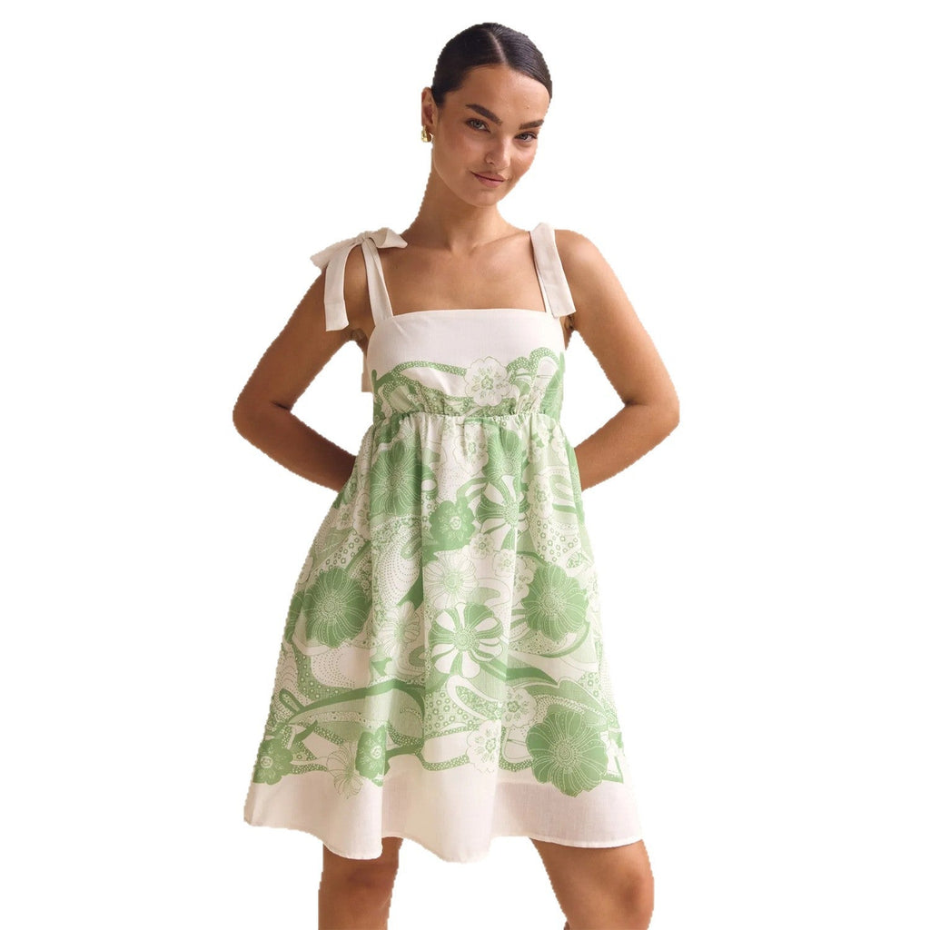 Spring Summer Holiday Positioning Printing Lace up Short Dress