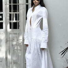 Load image into Gallery viewer, Women Clothing Spring Summer White Office Pleated A line Dress Collared Long Sleeve Shirt Dress Women