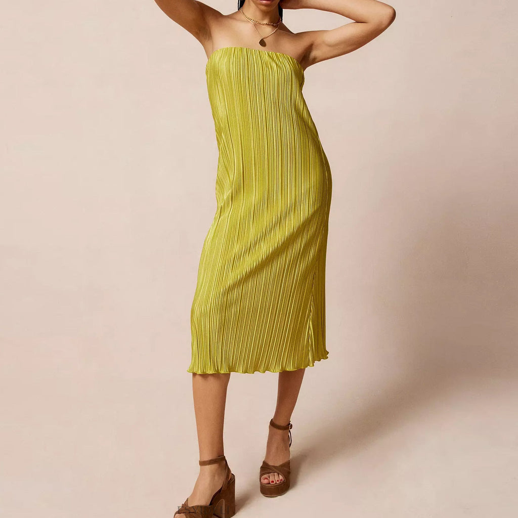 Solid Color Pleated Tube Top Backless Maxi Dress Summer Casual Loose Dress Women