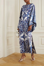 Load image into Gallery viewer, Women Blue White Porcelain Printed off Neck Loose Dress
