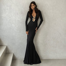 Load image into Gallery viewer, Women Clothing Autumn Solid Color Sexy Deep V Plunge neck Hollow Out Cutout Slim Long Sleeve Dress