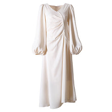 Load image into Gallery viewer, French Retro Lantern Sleeve V Neck Sexy Beaded Waist Slimming Glossy Satin Dress Women