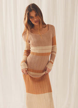 Load image into Gallery viewer, Long Contrast Color Off Neck Off The Shoulder Hollow Out Cutout Out Beach Long Sleeve Knitted Striped Dress Women