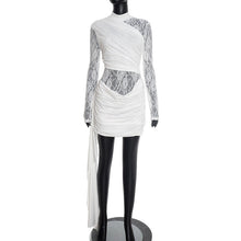 Load image into Gallery viewer, Women Clothing Autumn Winter Solid Color Stitching Lace round Neck Slim Fit Long Sleeved Ribbon Short Dress