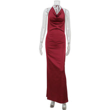 Load image into Gallery viewer, Low Cut Halter Swing Collar Sexy Backless Wine Red Slim Fit Graceful Satin Dress