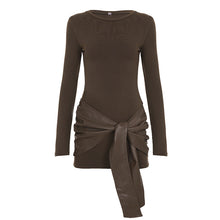 Load image into Gallery viewer, Women Solid Color Leather Stitching Tight Long Sleeved Dress Mature Sexy Pullover Sheath Lace Dress