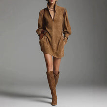 Load image into Gallery viewer, Elegant Solid Color Long Sleeve Zipped Stand Collar Dress Retro