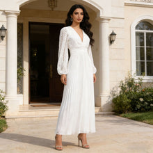 Load image into Gallery viewer, Spring Deep V Plunge neck Lantern Sleeve Maxi Dress Tight Waist Slimming Pleated Design Dress for Women