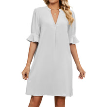 Load image into Gallery viewer, Summer Solid Color V neck Loose Pleated Half Length Sleeve Dress Women