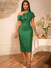 Load image into Gallery viewer, One Shoulder Sexy Bow Short Sleeved Jacquard Dress Party Elegant Retro Slim Fit Hip Dress