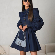 Load image into Gallery viewer, Denim Shirt Dress Niche Design Lantern Sleeve Lace up Graceful Fashionable Dress