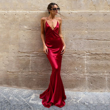 Load image into Gallery viewer, Elegant Satin Evening Dress Cocktail Wine Red Sexy V neck Strap Dress Backless Fishtail Dress