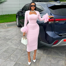 Load image into Gallery viewer, Women Clothing Autumn Sweet Fresh Square Collar Long Sleeve Feather Decoration High Waist Slimming Dress
