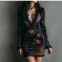 Load image into Gallery viewer, V neck Lace Printed Long Sleeved Dress Sexy Waist Trimming Hip Dress