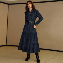 Load image into Gallery viewer, Women Clothing Denim Long Sleeve Breasted Waist Dress（Without Belt）