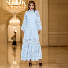 Load image into Gallery viewer, Spring Maxi Dress Stand Collar Machine Embroidery Lantern Sleeve Waist Tight High Sense Dress Women