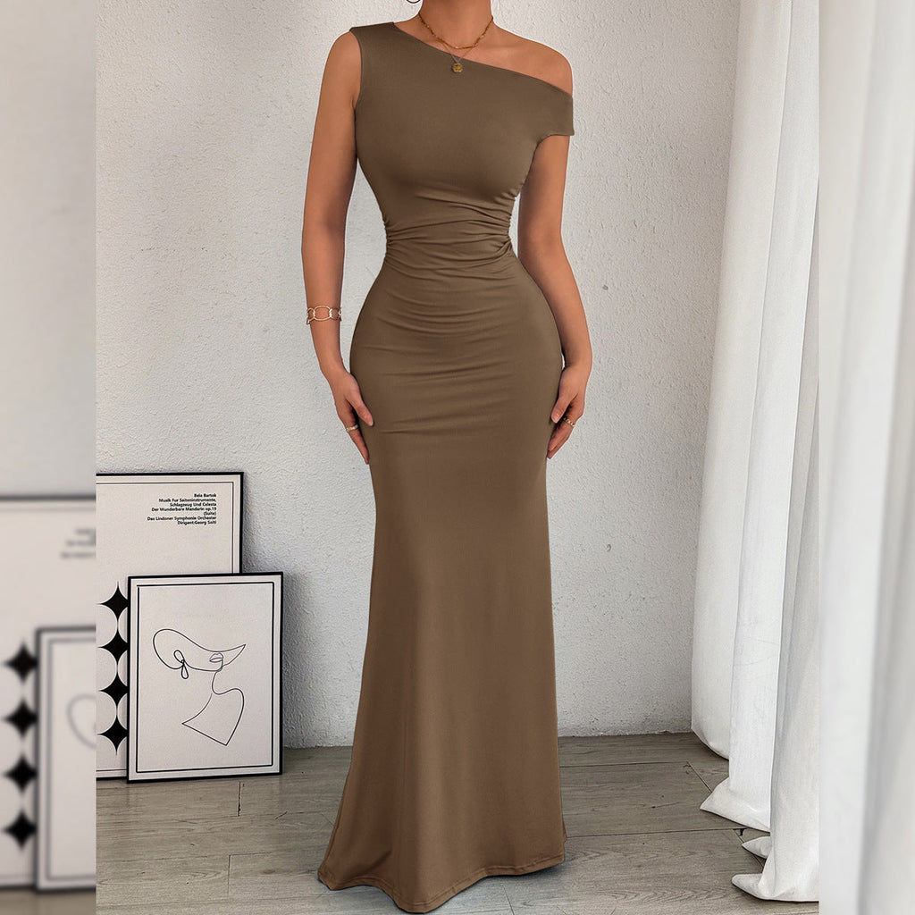 Women Fishtail Dress Slant Shoulder Collar Waist Pleated Sleeveless Sexy Dress