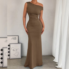 Load image into Gallery viewer, Women Fishtail Dress Slant Shoulder Collar Waist Pleated Sleeveless Sexy Dress