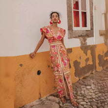 Load image into Gallery viewer, V neck Flounce Slit Positioning Floral Backless Dress