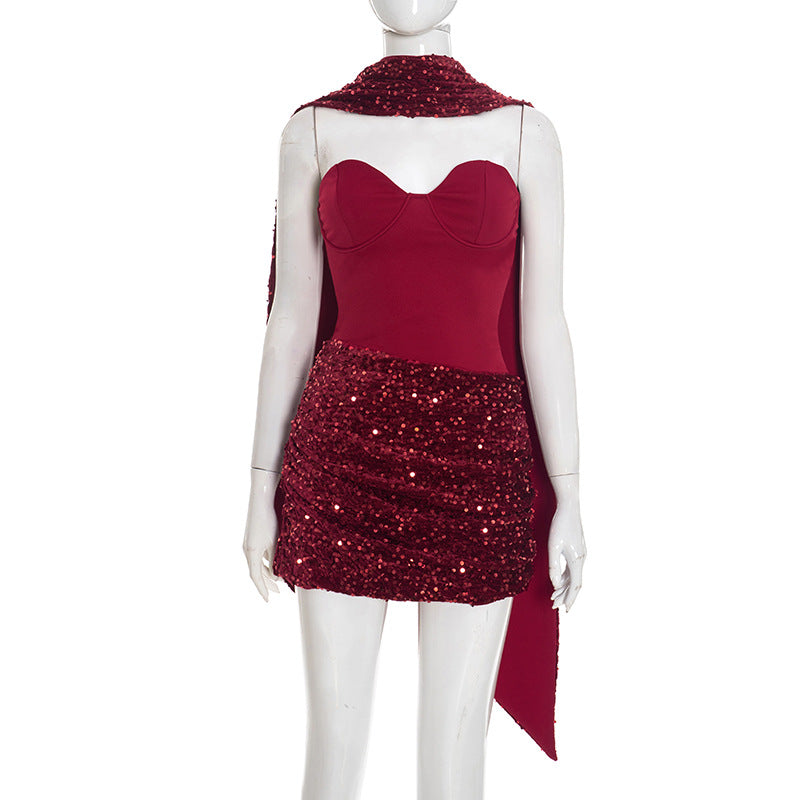 Women Clothing Autumn Winter Sexy Halter Ribbon Asymmetric Pleated Draped Mini Dress