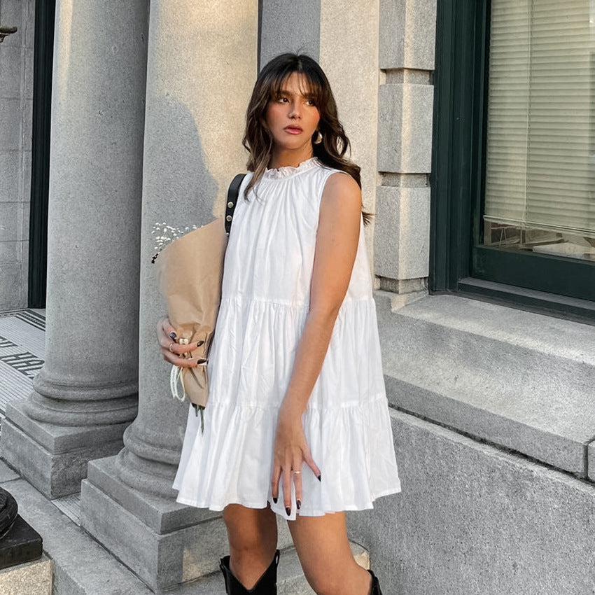 Spring Summer All Match White Elegant Dress round Neck Sexy Bow Lace up Elegant Loose Short Women Clothing