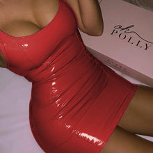 Load image into Gallery viewer, Metallic Coated Fabric Faux Leather Solid Color Sling Dress Women Tight Leather Sexy Sleeveless Leather Sexy Hip