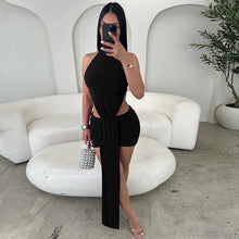 Load image into Gallery viewer, Women Clothing Spring Solid Color Stitching Sexy Slim Hollow Out Cutout Ribbon Short Sleeveless Dress
