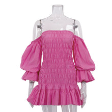 Load image into Gallery viewer, Women Clothing Pink off Shoulder Tube Top Dress Pleated Ruffled Puff Sleeve Backless