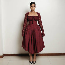 Load image into Gallery viewer, Women Clothing Spring Square Collar Lace Long Sleeve Waist Solid Color Mid Length Dress