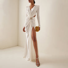 Load image into Gallery viewer, White Long Sleeve Pleating Hollow Out Cutout Cross Dress V Neck Metal Waist Women Clothing