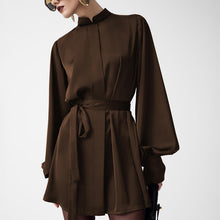 Load image into Gallery viewer, Women Clothing Autumn Stand up Collar Long Sleeved Lace up A line Short Dress