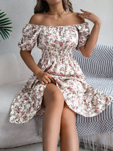 Load image into Gallery viewer, Spring Summer Floral Square Collar Short Sleeve Waist Controlled Ruffled A line Women Clothing
