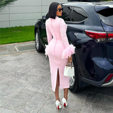 Load image into Gallery viewer, Women Clothing Autumn Sweet Fresh Square Collar Long Sleeve Feather Decoration High Waist Slimming Dress