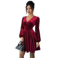 Load image into Gallery viewer, Retro Socialite Christmas Wine Red Velvet V neck Lantern Sleeve Slim Slimming A line Pleated Short Dress