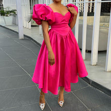 Load image into Gallery viewer, Women Clothing Spring Square Collar Puff Sleeve Solid Color Waist Tight Mid Length Dress