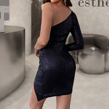 Load image into Gallery viewer, Early Autumn Elegant One Shoulder Sequ Dress Women Clothing Irregular Asymmetric Black Slimming Hip Dress